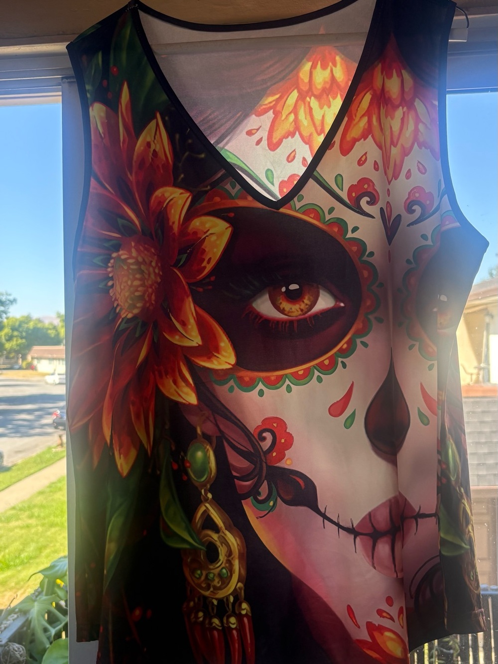 Day of the Dead Floral Mask V-Neck Tank Top - Black and Multicolor